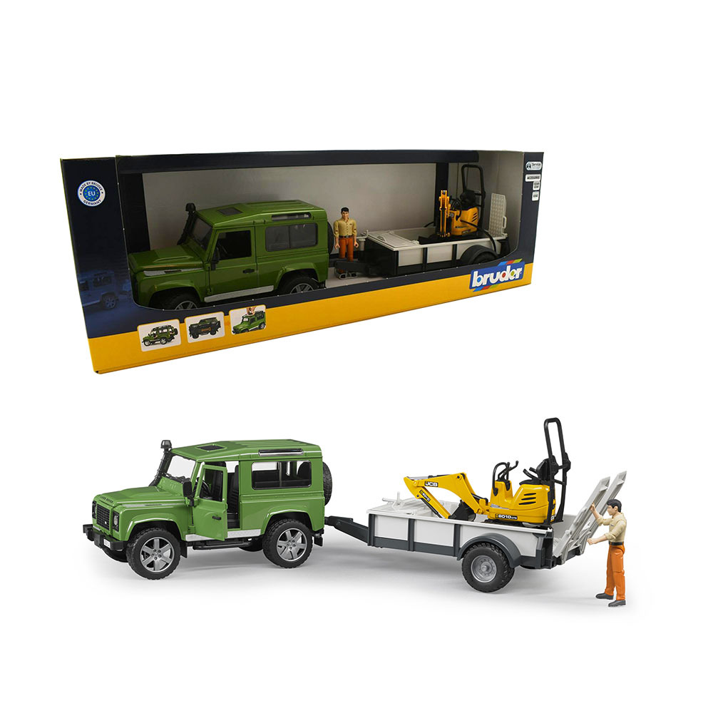 Bruder land rover defender with on sale trailer jcb excavator and worker